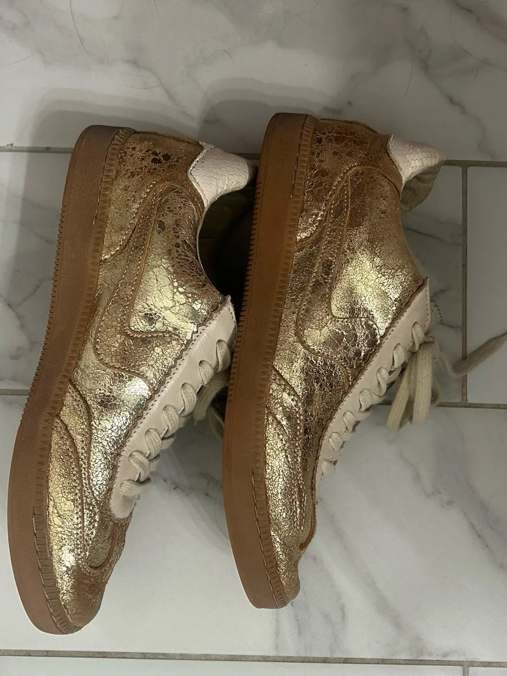 Dolce Vita Metallic Gold and Cream Lace-Up Sneakers